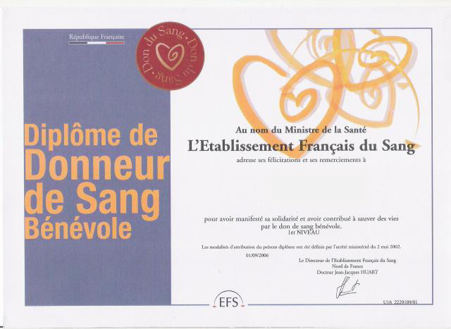 Diplôme donneurs de sang bénévole