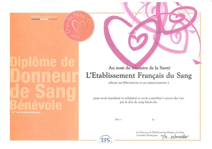 Diplôme donneurs de sang bénévole