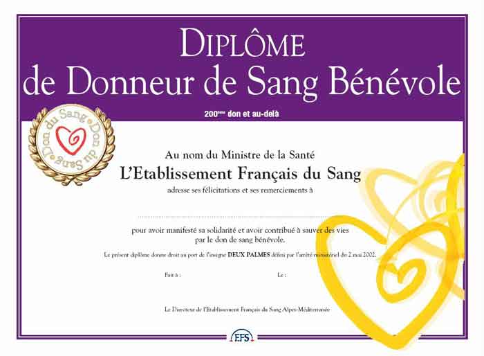Diplôme donneurs de sang bénévole