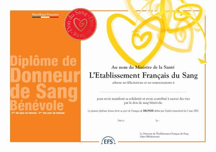 Diplôme donneurs de sang bénévole