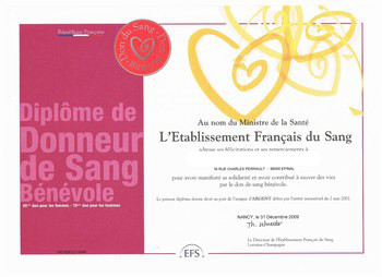 Diplôme donneurs de sang bénévole