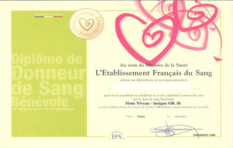 Diplôme donneurs de sang bénévole